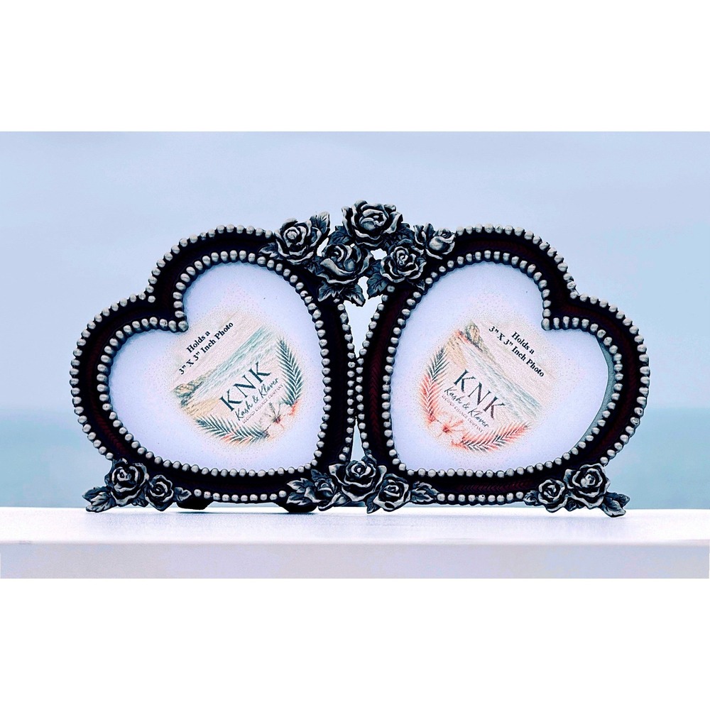 Double Heart Rose Picture Frame Silver Red 3x3 Victorian Romantic Vintage Style